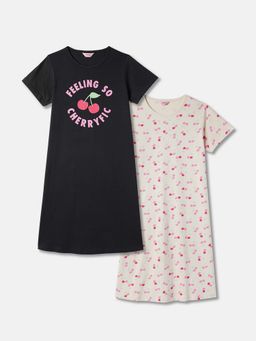 R&B - Cotton Cherry Print Round Neck Half Sleeves Girls Night Dress (Pack of 2)
