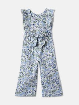 R&B - Floral Print Ruffled Sleeves Buttoned Hem Girls Jumpsuit with Belt