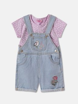 R&B - Denim Embroidered Adjustable Straps Cuffed Hem Girls Dungaree with Top