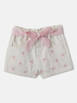 R&B - Cotton Floral Embroidered Elastic Waist Clean Hem Girls Shorts with Belt