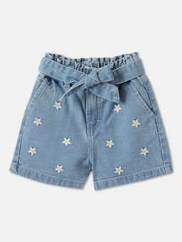 R&B - Cotton Regular Fit Paperbag Waist Embroidered Hem Girls Shorts with Belt