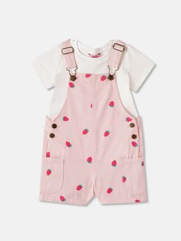 R&B - Cotton Floral Adjustable Straps Straight Hem Girls Dungaree with Top