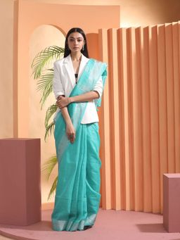 Beatitude - Blue Woven Linen Saree with Unstitched Blouse