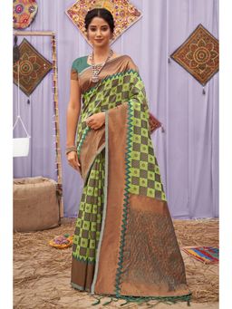 Sangam Prints - Light Green Cotton Woven Zari Work Traditional Tassel Saree with Unstitched Blouse