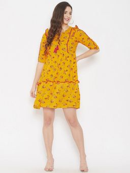 WineRed - Women Yellow Printed Aline Dress