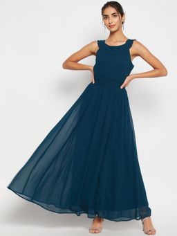 WineRed - Woman Georgette Solid Flared Maxi Dress