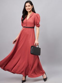 WineRed - Women Pink Collared Flared Full Length Maxi Dress