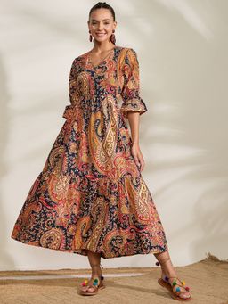 WineRed - Women Multi Color Paisley Print Waist Cut Out Dress