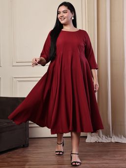 theRebelinme - Maroon Solid Poly Crepe Umbrella Skirt Dress