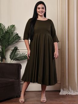 theRebelinme - Olive Solid Poly Crepe Umbrella Skirt Dress