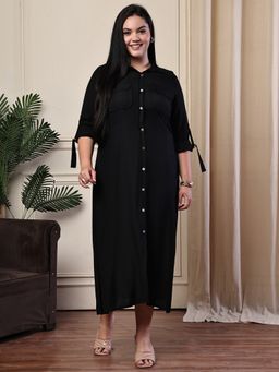 theRebelinme - Black Linen Front Pockets And Full Sleeves With Cuffs Shirt Dress