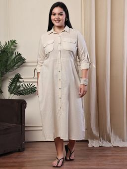 theRebelinme - Beige Linen Front Pockets And Full Sleeves With Cuffs Shirt Dress