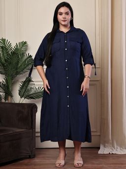 theRebelinme - Navy Blue Linen Front Pockets And Full Sleeves With Cuffs Shirt Dress