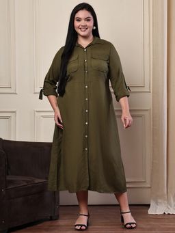 theRebelinme - Olive Linen Front Pockets And Full Sleeves With Cuffs Shirt Dress