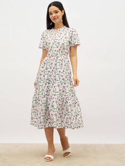 SALT Attire - Off White Polyester Floral Ruffled Neck Dress