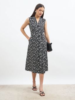 SALT Attire - Black Polyester Floral Notched Lapel Dress with Belt