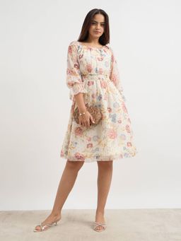 SALT Attire - Off White Georgette Floral Round Neck Dress