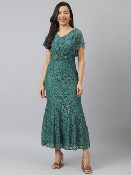 Latin Quarters - Women Green Short Sleeves V-Neck Party Dress