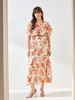 Latin Quarters - Women Rust Short Sleeves V-Neck Printed Casual Dress