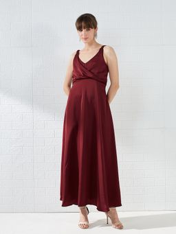 Latin Quarters - Women Maroon Sleeveless V-Neck Solid Party Dress