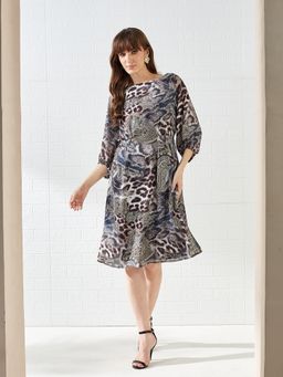 Latin Quarters - Women Black 3/4Th Sleeves Boat Neck Printed Casual Dress