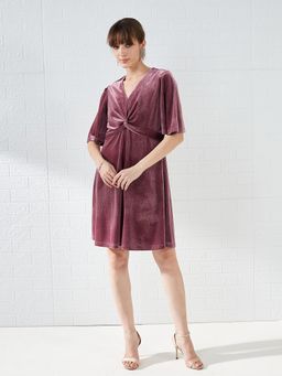 Latin Quarters - Women Pink Short Sleeves V-Neck Solid Party Above Knee Dress