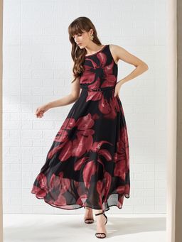 Latin Quarters - Women Wine Sleeveless Round Neck Printed Casual Dress