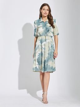 Latin Quarters - Women Green Half Sleeves Collared Tie-Dye Casual Dress