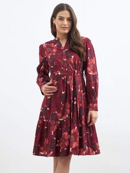 SALT Attire - Maroon Cotton Blend Floral Mandarin Neck Dress