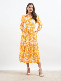 SALT Attire - Orange Viscose Rayon Floral Collar Neck Dress