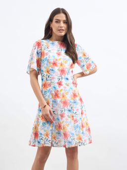 SALT Attire - White Georgette Floral Round Neck Dress