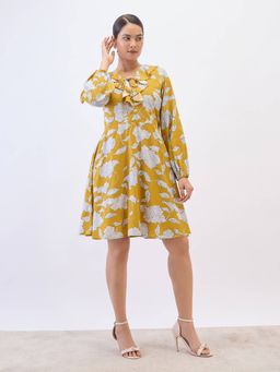 SALT Attire - Mustard Cotton Blend Abstract Ruffled Neck Dress