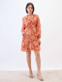 SALT Attire - Rust Polyester Abstract Ruffled Neck Dress