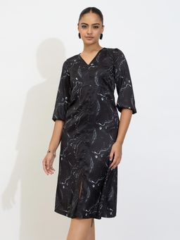 SALT Attire - Navy Blue Polyester Abstract V-Neck Dress