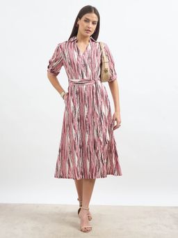 SALT Attire - Multi Color Cotton Blend Abstract Collar Neck Dress with Belt