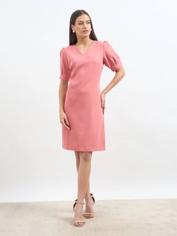 SALT Attire - Pink Polyester Solid/Plain V-Neck Dress