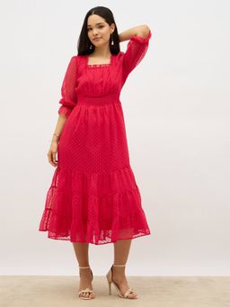 SALT Attire - Pink Chiffon Embroidered Square Neck Dress