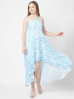 MISH - Blue and White Printed Fit and Flare Maxi Dress