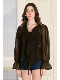 The Clothing Factory - Mocha Olive Ruffle Top