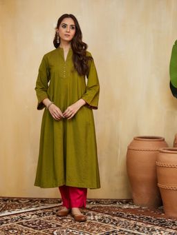 Mushio - Olive Green Hand Embroidered Cotton Silk Samara Kurta