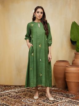 Mushio - Garden Green Floral Embroidered Gardenia Cotton Dress