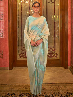 Akhilam - Women Silk Blend Turquoise Embroidered Woven Saree with Unstitched Blouse Piece