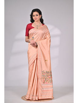 SAANTHA - Peach Silk Blend Hand Embroidery Saree with Unstitched Blouse