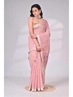 SAANTHA - Blush Pink Linen Tissue Hand Embroidery Saree with Unstitched Blouse