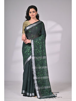 SAANTHA - Emerald Green Mul Cotton Saree with Unstitched Blouse
