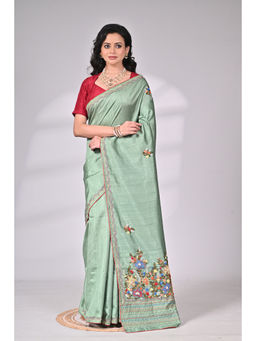 SAANTHA - Sea Green Silk Blend Hand Embroidery Saree with Unstitched Blouse