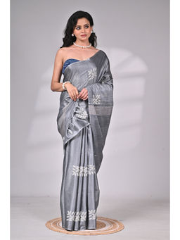SAANTHA - Grey Soft Silk Elegant Embroidery Saree with Unstitched Blouse