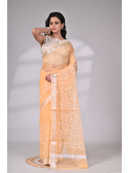 SAANTHA - Peach Kota Doria Thread Embroidery Saree with Unstitched Blouse