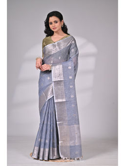 SAANTHA - Grey Linen Tissue Zari Weaving Saree with Unstitched Blouse