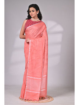 SAANTHA - Coral Linen Subtle Embroidery Saree with Unstitched Blouse